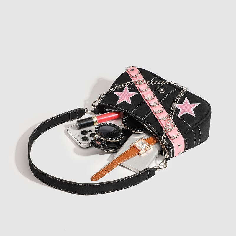 2025 New Y2K Millennial Style Single Shoulder Niche Chain Design Sweet Cool Girl Pink Belt Star Women's Bag