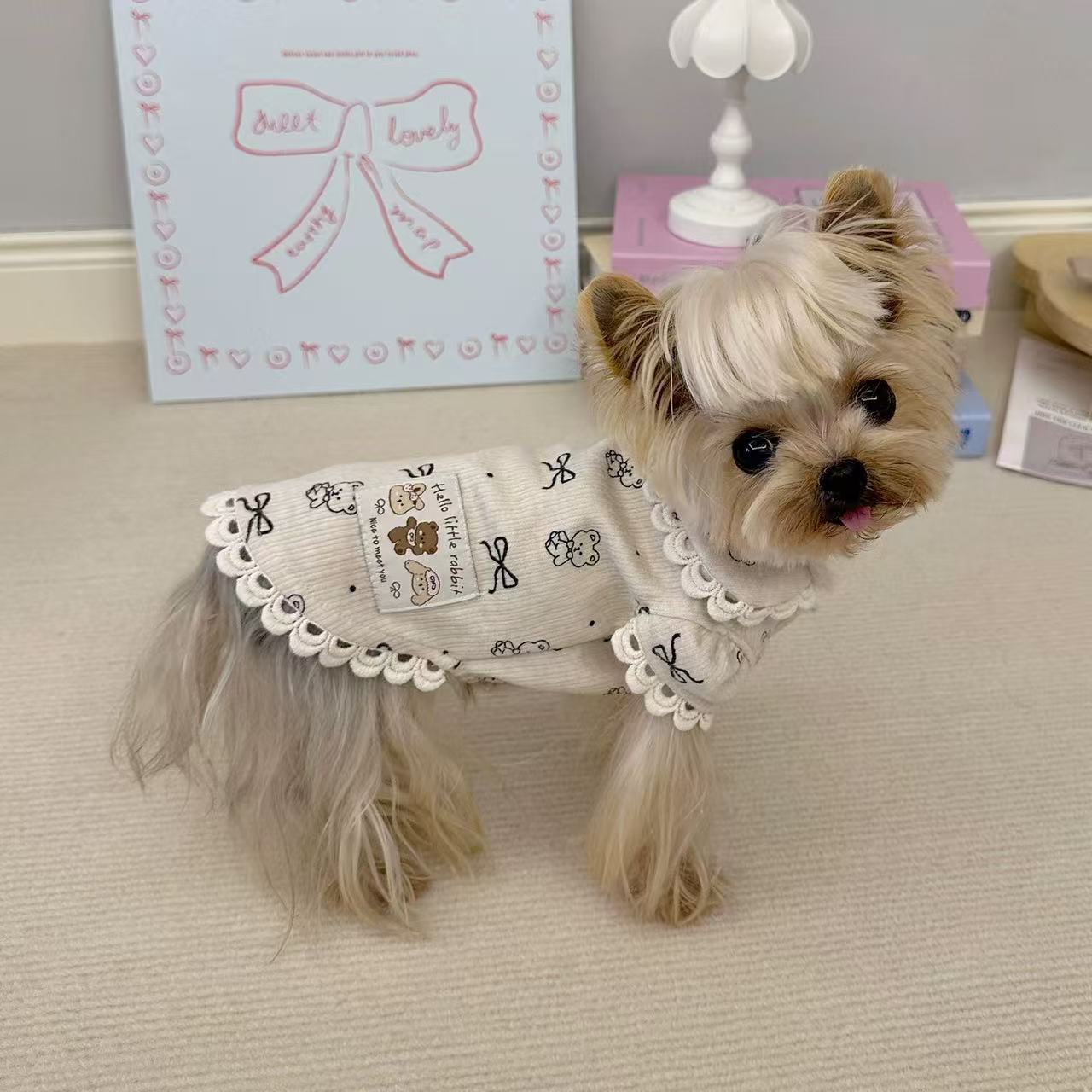 T424Pet Clothes Puff Sleeve Lace Print Shirt Yorkshire Terrier Small Dog Cat Clothes