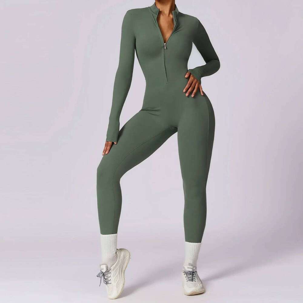Gym Zipper Jumpsuit Yoga Boilersuit Long Sleeved Women's Sportswear Workout High-intensity Fiess One-piece Skin-tight Garment