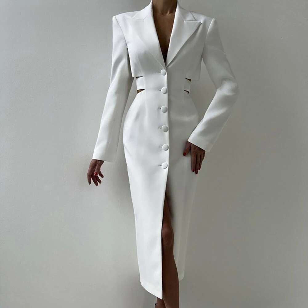 Street Hollow Out Tunic Dresses For Women Notched Collar Long Sleeve High Waist Spliced Button Temperament Dress Female