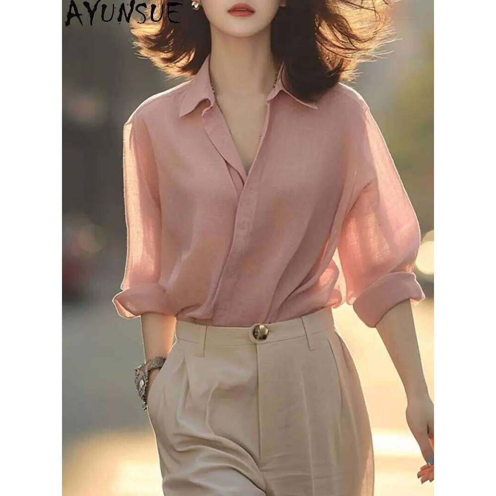 AYUNSUE Natural Mulberry Silk Blouse Sunscreen Shirts For Clothing Pink Tops Woman 2025 Blusa Elegante Spring Summer
