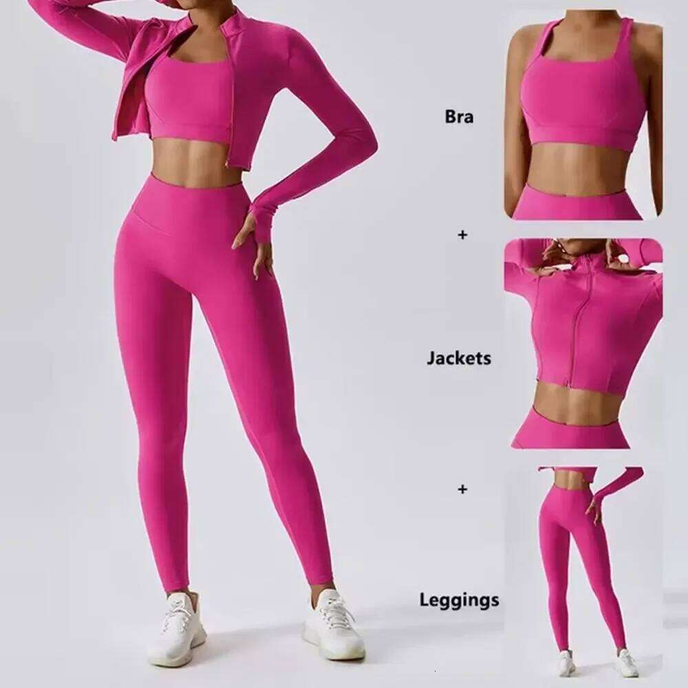 3Pcs Sports Workout Suit Quick-Drying Yoga Clothes Gym Sportswear Female Running Jackets Set Women