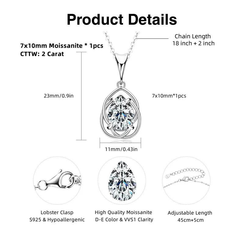 IOGOU Pear Cut 2.0ct Teardrop Pendant Necklace Adjustable S925 Silver Chain GRA Certified Fine Jewelry 2025 Trendy 250609