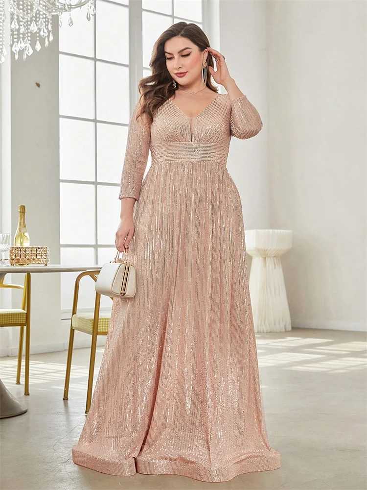Plus Size Luxury V-Neck Long Sleeves Sequins Evening Dress For Women 2024 Wedding Party Prom Maxi Cocktail Bridesmaid Gowns XJ250610