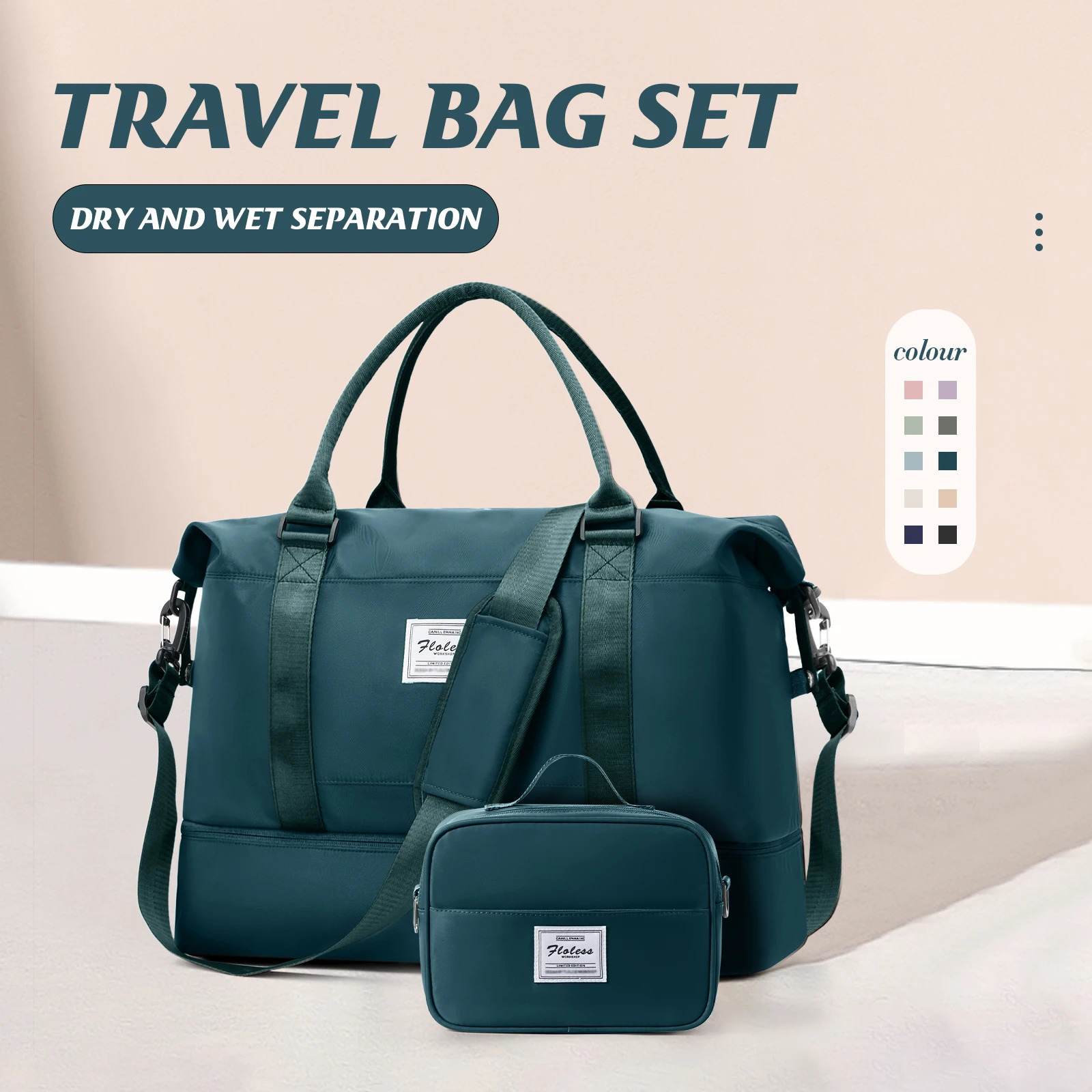 2pc Foldable Travel Duffel Bag for Airlines Carry on Weekender Overnight Tote with Cosmetic Gym Yoga Women Men 250605