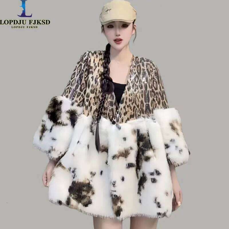 Faux Mink Fur Coat for Women,Leopard Print Spliced Jacket,Thick Warm Clothes,High Quality,Autumn and Winter,2024