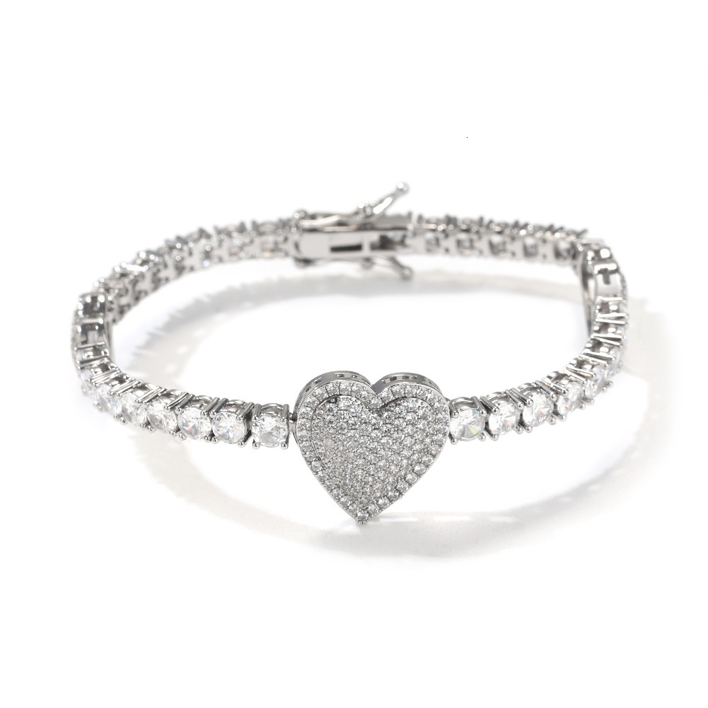 New In Full Diamond Love Heart Charm Diamond Tennis Chain Bracelet Top Quality Iced Out Cubic Zirconia Hip Hop Wedding Bangle Briaces For Women Jewelr