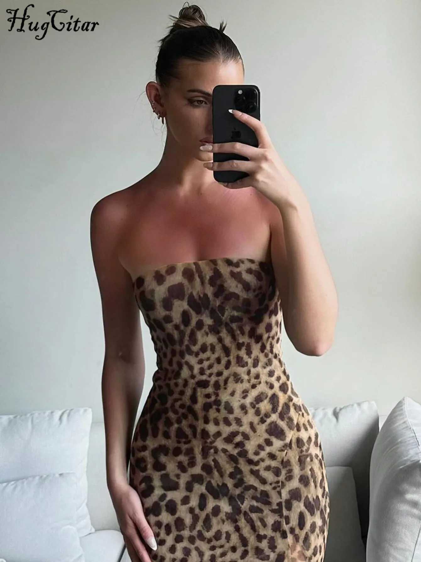 Hugcitar Women Fashion Leopard Print Strapless Slit Sexy Bodycon Midi Dress Summer Y2K Outfits Beach Vacation Club Sundress XJ250610