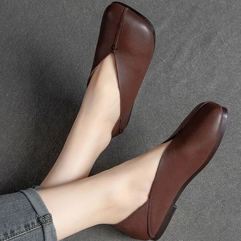 Womens Flat French Shoes Square Toe Genuine Leather Soft Sole Comfortable Pumps Fashion Loafers Casual spring autumn 250603