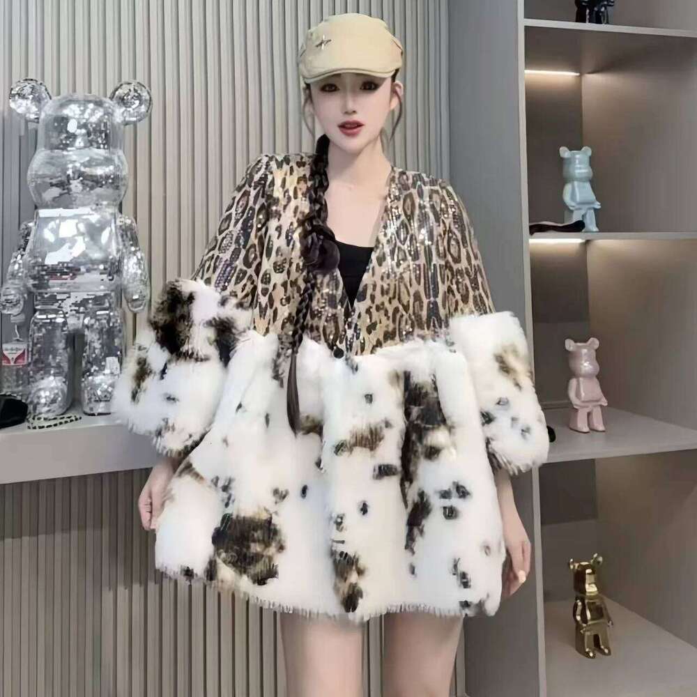Faux Mink Fur Coat for Women,Leopard Print Spliced Jacket,Thick Warm Clothes,High Quality,Autumn and Winter,2024