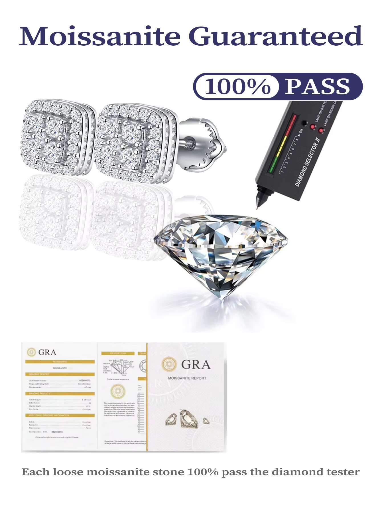 Fine Jewelry Screw Back Earring 925 Sterling Silver Full Pave Round Moissanite Stud Earrings for Women Men