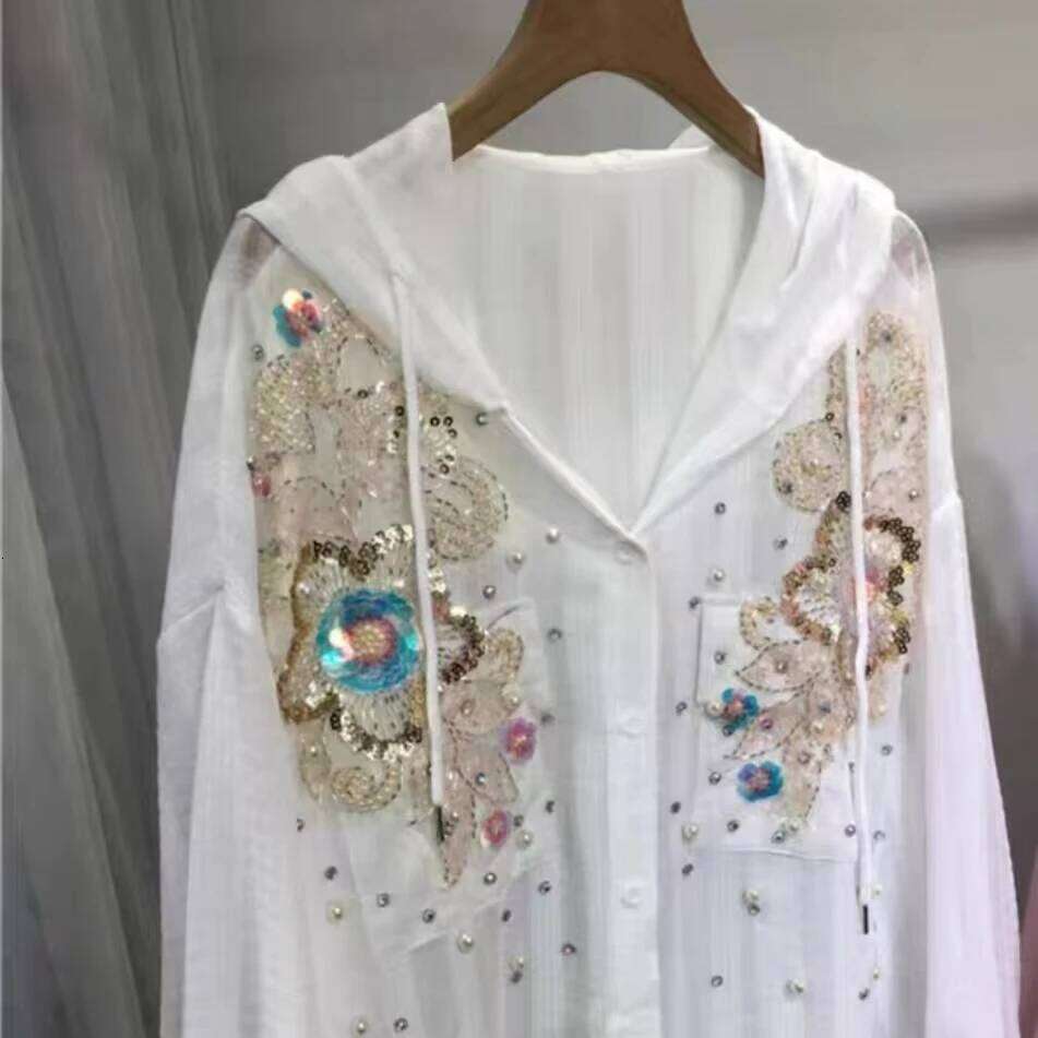 New 2025 Sparkle Pearls Sequins Oversize Buttons Up Hooded Sunscreen Shirts Blouses For Women Long Sleeve Tops
