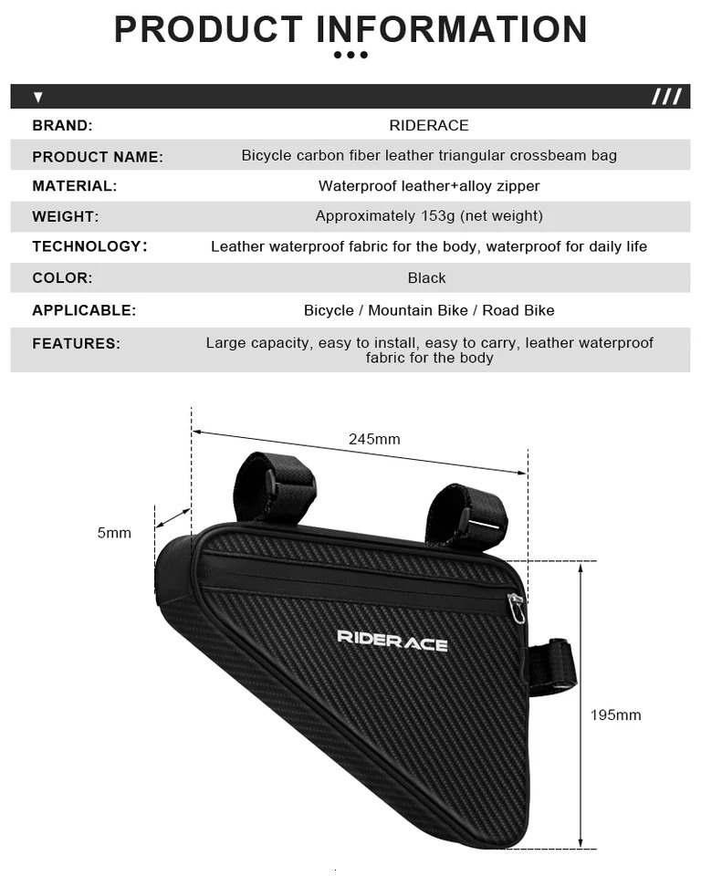 RIDERACE Waterproof Cycling Tube Bags 1.5L MTB Road Bike Triangle Bag Cycling Frame Front Bags Repair Tools Pannier Bicycle Bag 250610