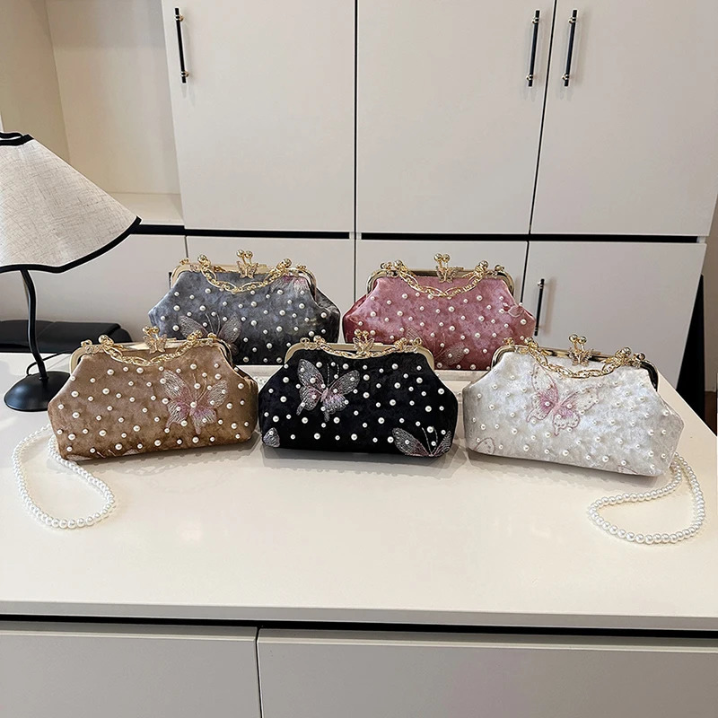 Artificial Pearl Inlaid Shoulder Bag Metal Chain Messenger Lady Banquet Shell Fashion Butterfly ner Evening Handbag 250605