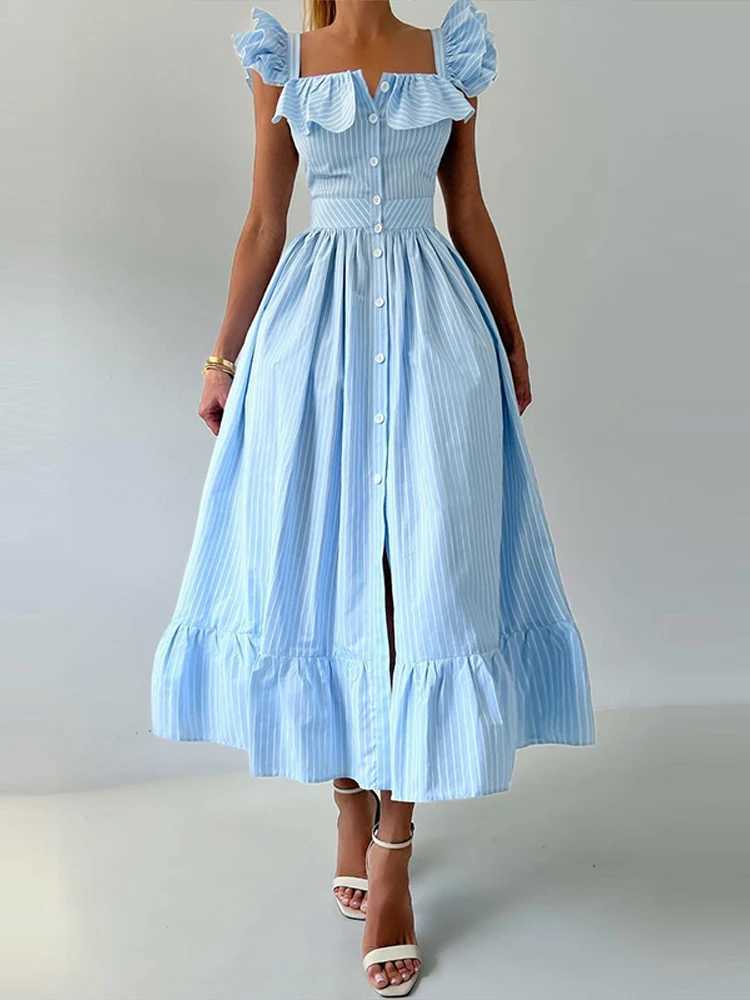 Flying Sleeve Ruffle Striped Slip Long Dress Women Elegant Square Collar Waist Cinching Pleat Party Dresses Chic Ladies Vestido XJ250610