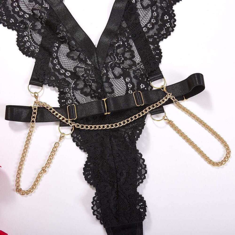 Spell Lingerie Porn Suits Cherry Temptation Sexy Lingerie Black Lace Sheer Bodysuit Chain Hollow Tight Hot Girl Outfit Sexy Lingerie