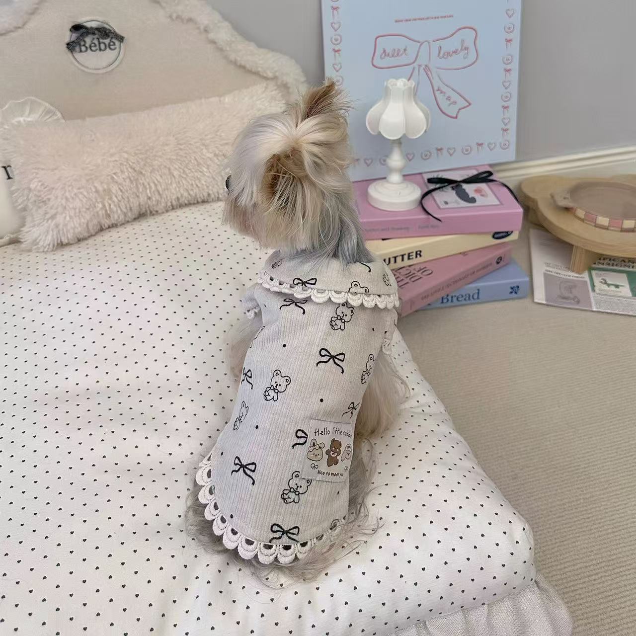 T424Pet Clothes Puff Sleeve Lace Print Shirt Yorkshire Terrier Small Dog Cat Clothes