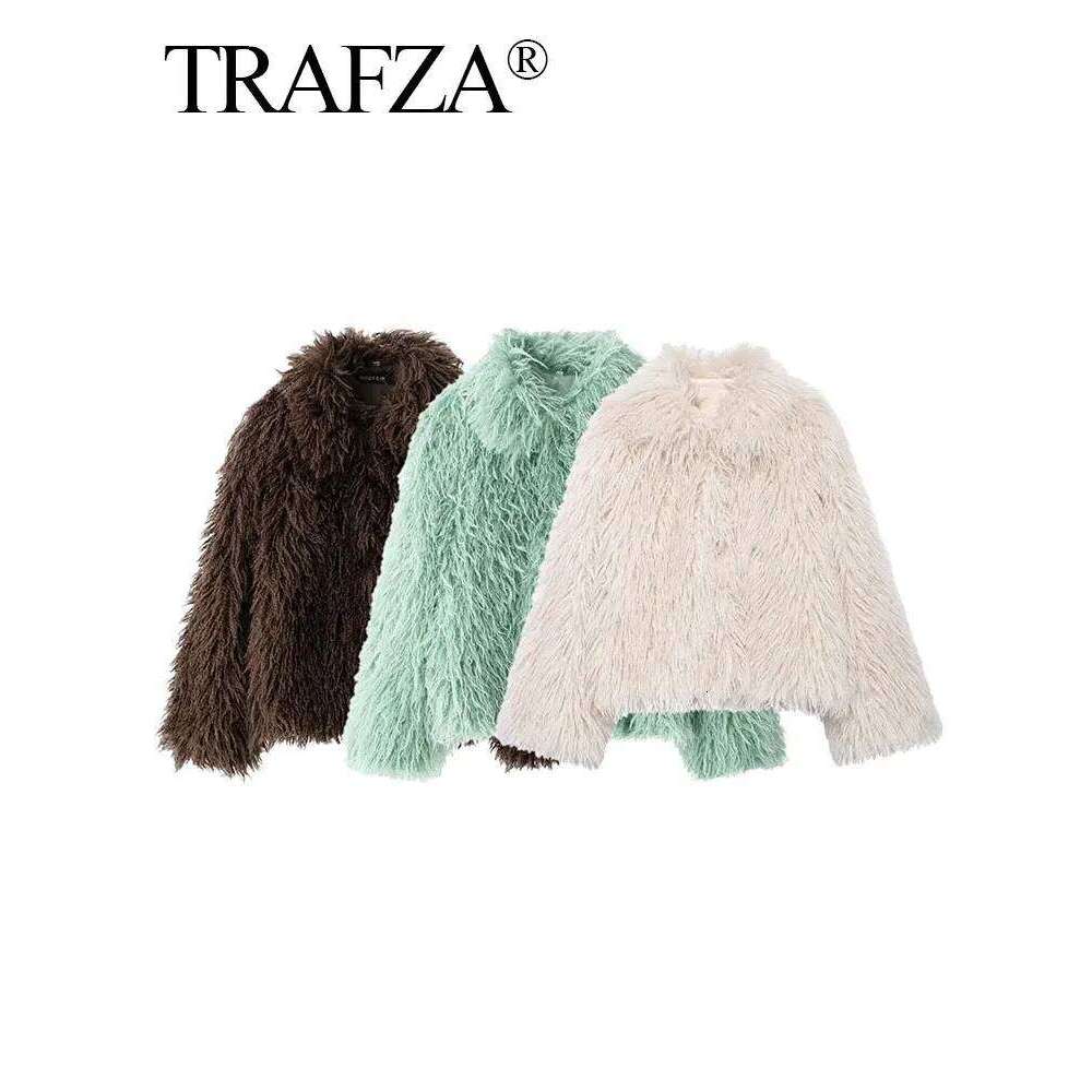 TRAFZA Winter Female Trendy Elegant Fur Coats Casual Solid Long Sleeves Turn Down Collar 3 Colors Autumn Warm Chic Jackets