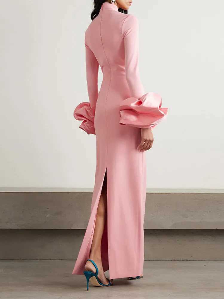 Sweet Pink Skinny Maxi Dresses Women 3D Flowers Long Sleeves Half High Collar High Waist Split Robe 2025 New Party Evening Gown XJ250610