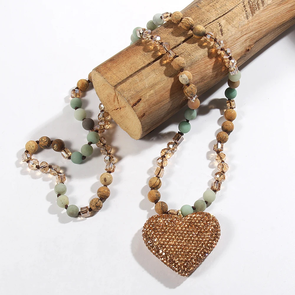 Fashion Bohemian Jewelry 8mm Natural Stone Crystal Glass Long Knotted Necklace Crystal Heart Pendant Necklace For WomenGift 250604