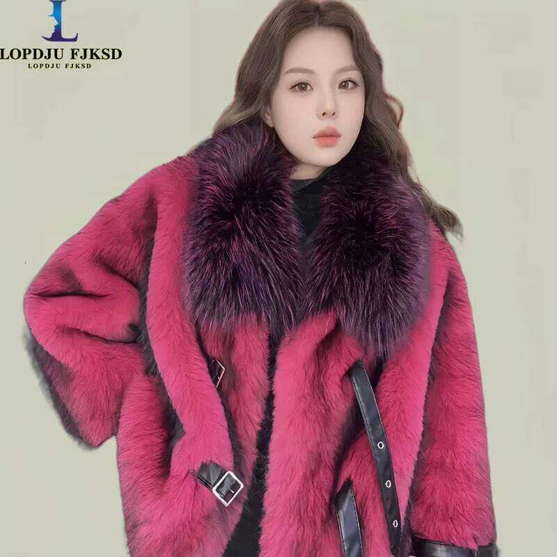 Faux Coat for Women,Single Breasted Jackets, Adjustable Waist Overcoat,Fox Fur Collar,Female Clothes, Winter,New