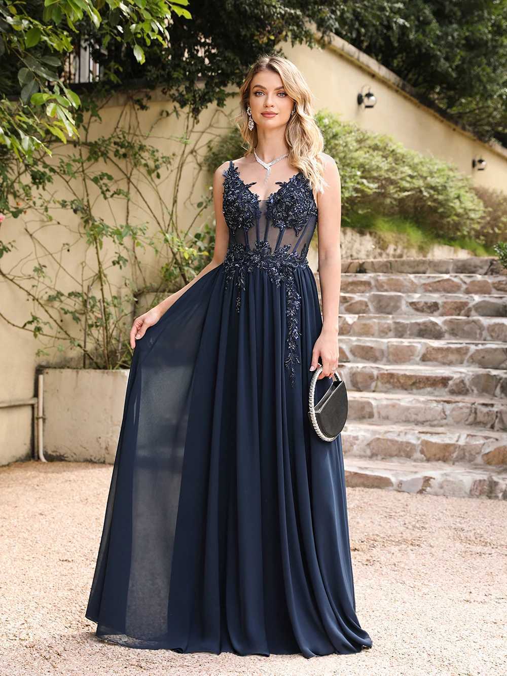Spaghetti Straps Navy Blue A Line Evening Dresses 2025 Elegant Beaded Appliques Illusion Prom Gowns Formal Party Dress XJ250610