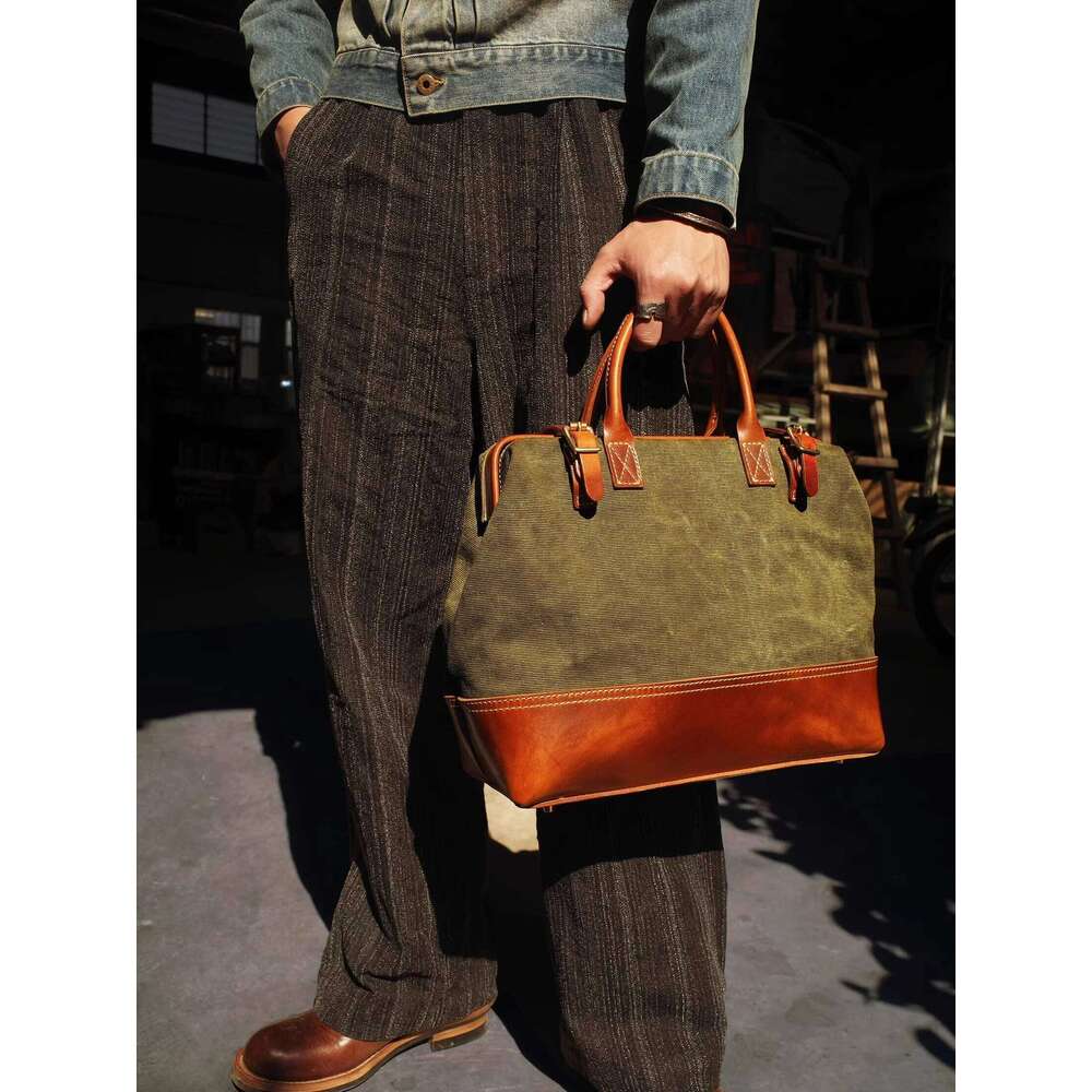 American vintage high quality canvas genuine leather ing women's handbag simple fashion hand-made travel bag