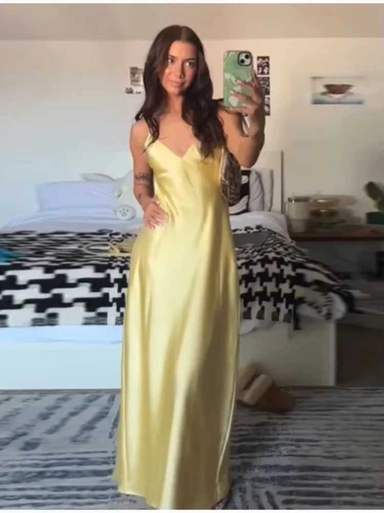 TRAFZA Women Summer Yellow Stain V Neck Sling Dress Elegant Sleeveless Loose Maxi Robes 2025 New Ladies Party Holiday Dresses XJ250610