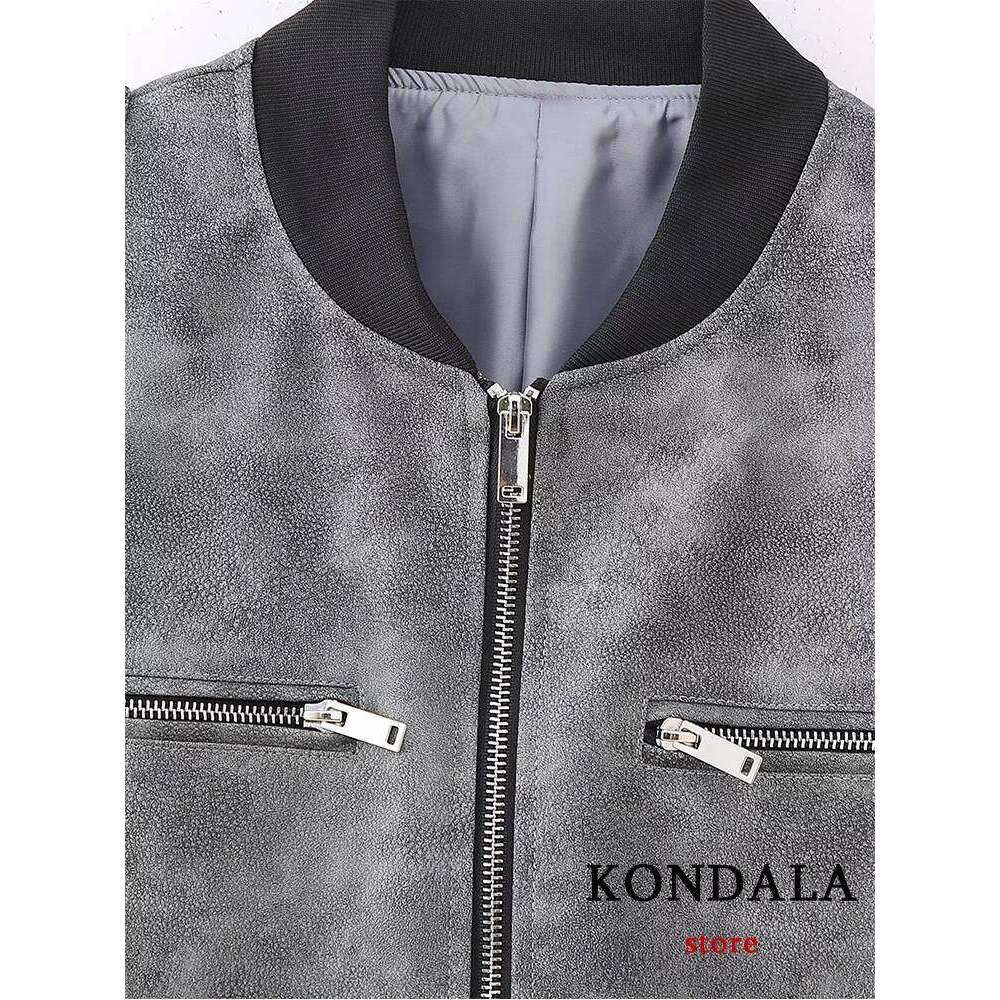 KONDALA Chic Solid Gray Faux Leather Streetweat Long Sleeve Zipper Jacket Fashion 2023 Autumn Casual Cool Y2K Pockets Outwear