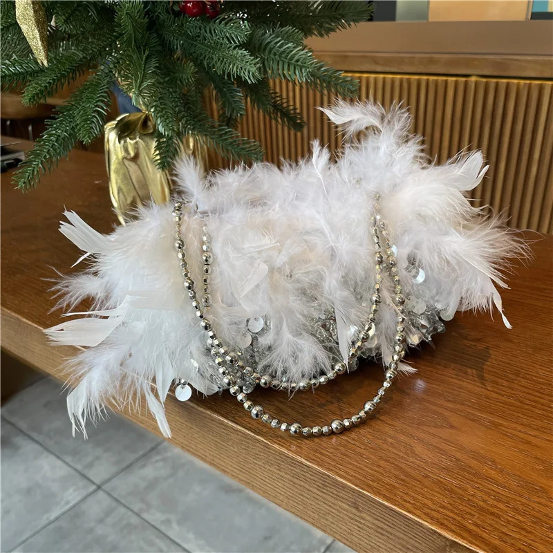 Women Purse And Handbag Fashion Feathers Chain Tote Bag Princess Clutch Bags 250606
