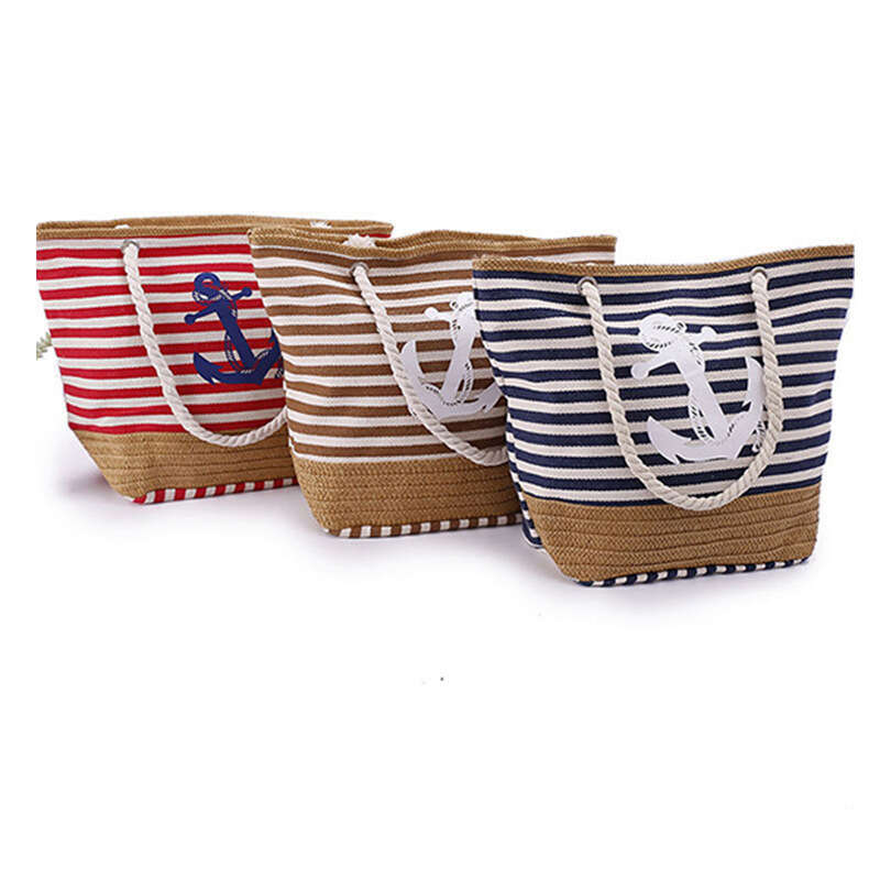 Casual Style Beach Single Canvas Classic Fashion Striped Shoulder Large Capacity Shopping Bag