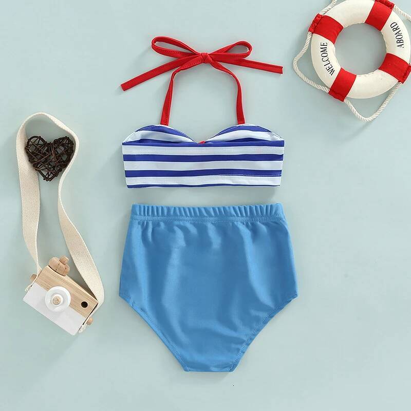 Yiiciovy Cute Baby Girls Swimwear 2 Pcs Bowknot Bikini Set Summer Hanging Neck Striped Top Elastic Waist Button Shorts
