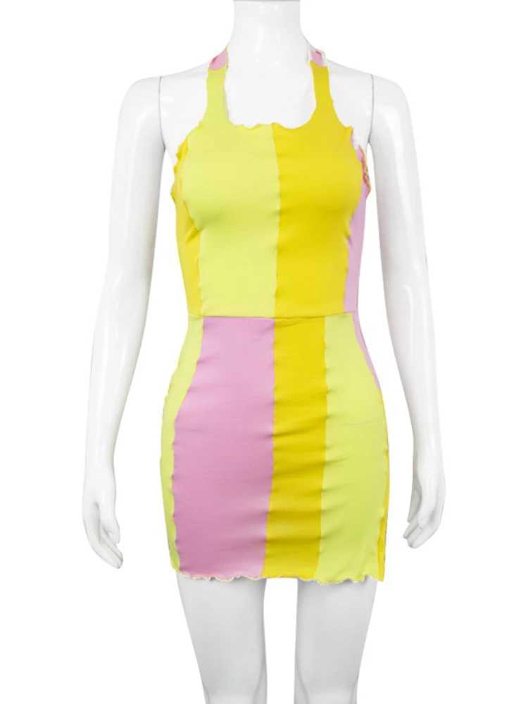 Sexy Contrast Stitching Halter Slim Bodycon Dress Women Sleeveless Off Shoulder Skinny Dress Elegant Club Party Dresses XJ250610