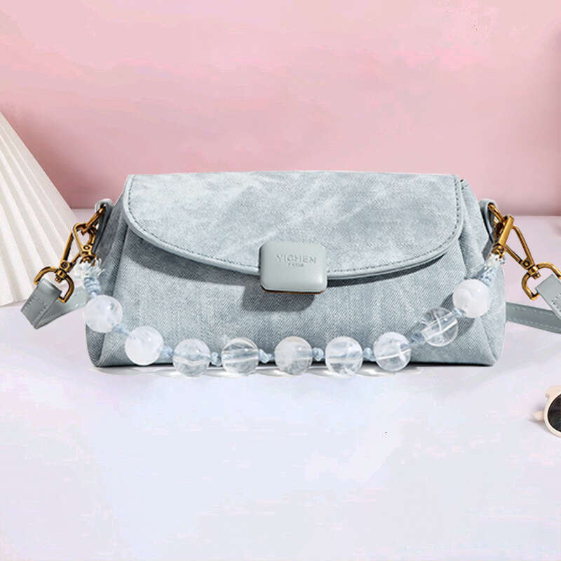 2025 New Soft Leather Women's Fashion Beaded Handbag Niche Versatile Shoulder Multi-Compartment Crossbody Bag Blue Pink