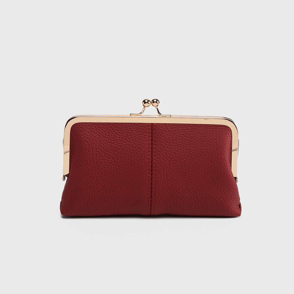 New Genuine Leather Long Clutch Simple Fashion Clip First Layer Cowhide Wallet Gold Frame Storage Bag Large Capacity