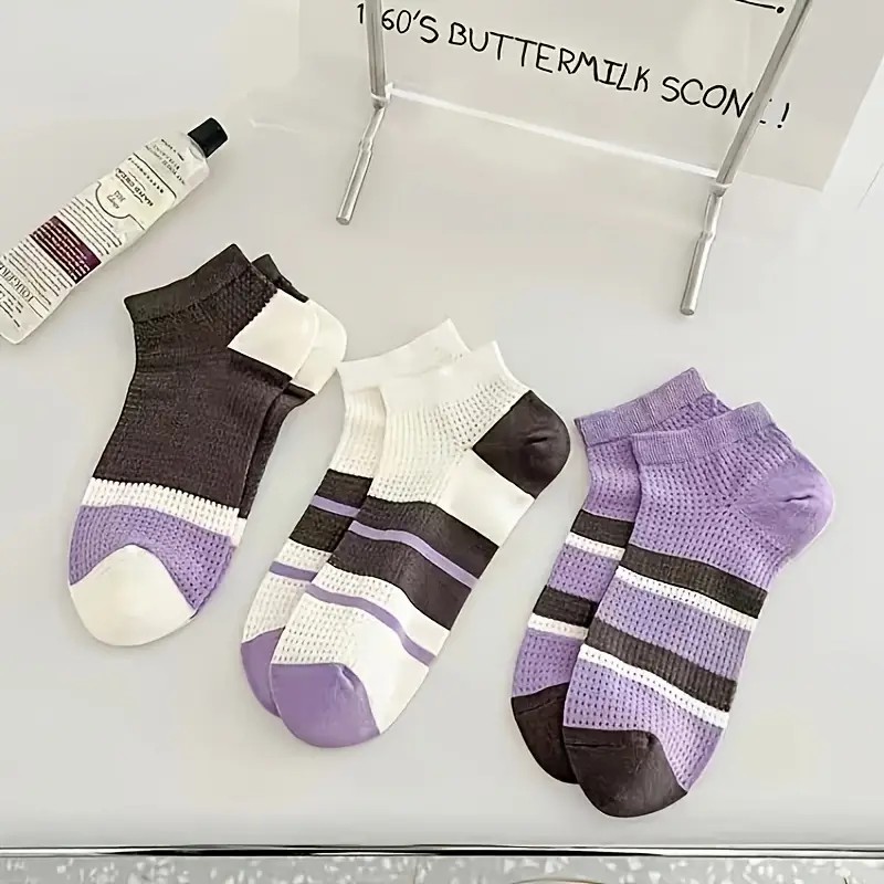 Elegant Striped Womens Ankle Socks with Breathable Mesh Lightweight Polyester Blend for All-Day Comfort