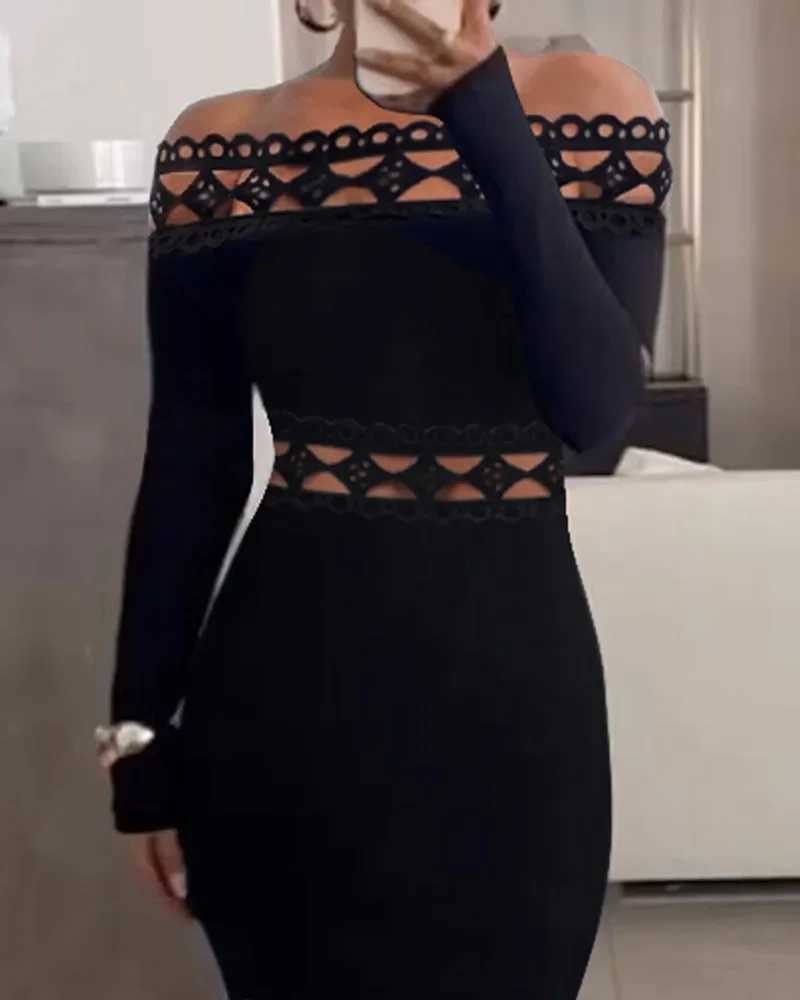Evening Party Club Bodycon Maxi Dress for Women Spring Autumn Sexy Off Shoulder Lace Patch Long Sleeve Midi Dress XJ250610