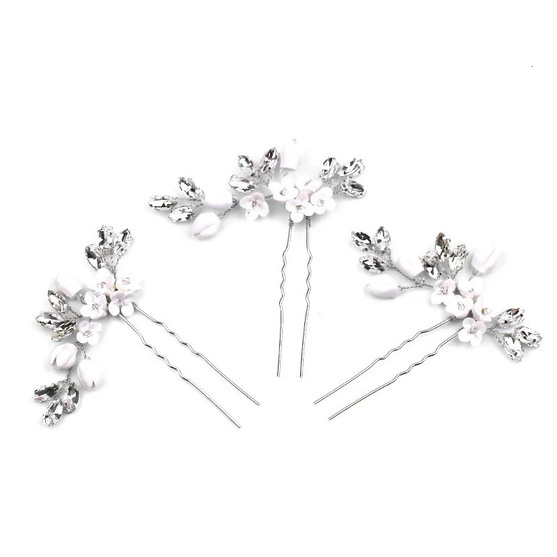 Exquisite Girls Hair Accessories Silver Rhinestone Clay Flower Headwear Wedding Bridal Hair Forks 250610