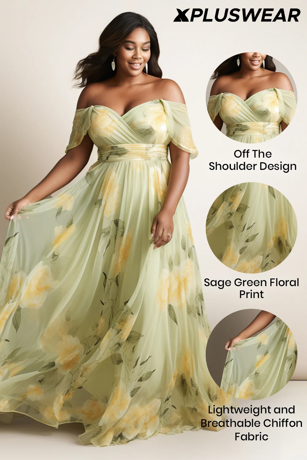 Plus Size Wedding Guest Sage Green Floral Off The Shoulder Short Sleeve Chiffon Maxi Dresses 250610