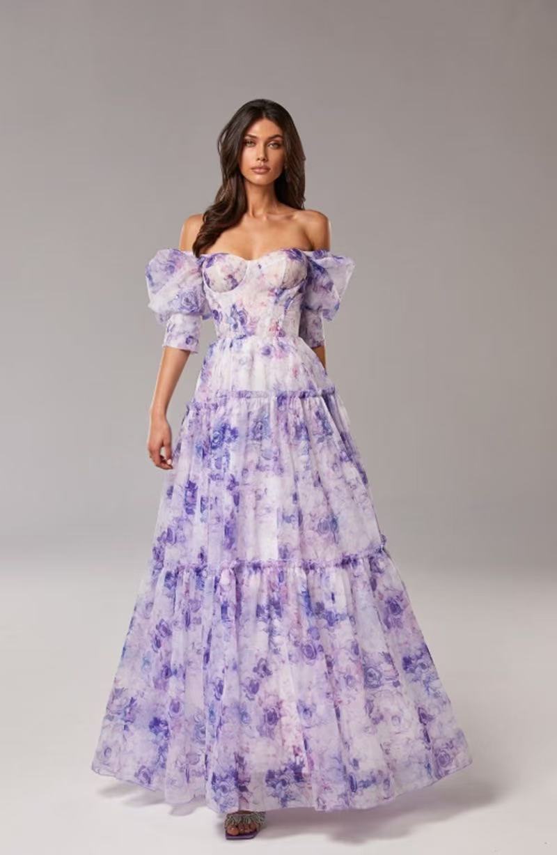 Elegant Floral Print Evening Party Dresses Women Charming A-line Off Shoulder Boat Neck Loose Short Sleeve Prom Gowns Robe Dress