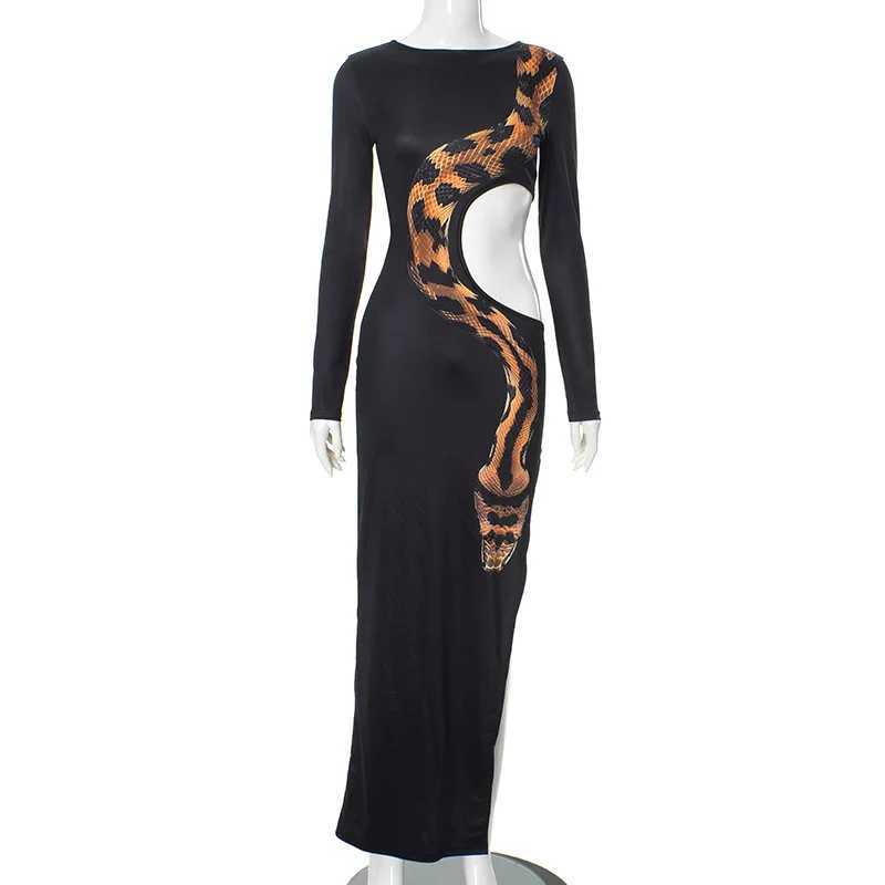 Womens 2024 Autumn and Winter Revealed Waist High Slit Long Sleeve Sexy Snake Print Long Dress Elegant Sexy Party Dress Club Ou XJ250610