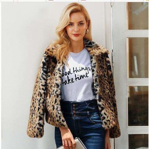 Lapel Leopard Print Women's Autumn Winter Long Sleeve Plush Faux Fur Coat