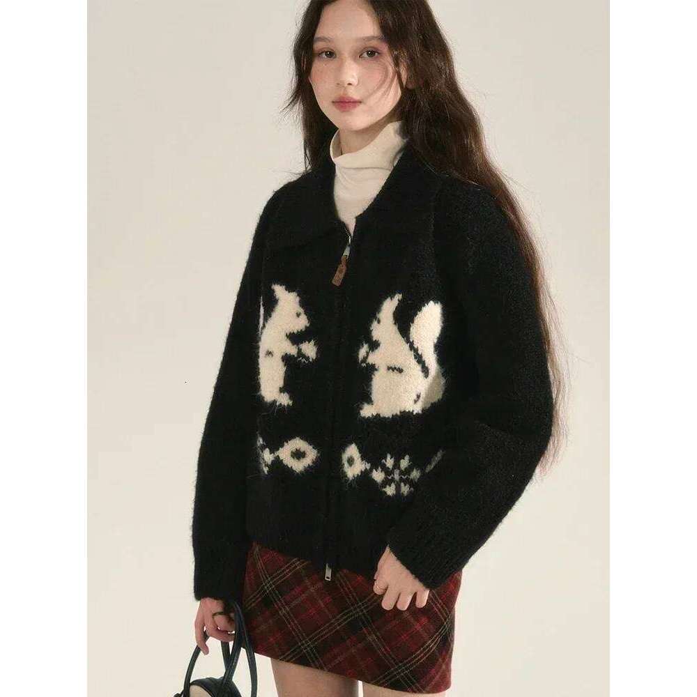 ADAgirl Kawaii Squirrel Graphic Women Cardigan Oversized Sweater Zipper Long Sleeve Knitwear Cutecore Christmas Winter Clothes