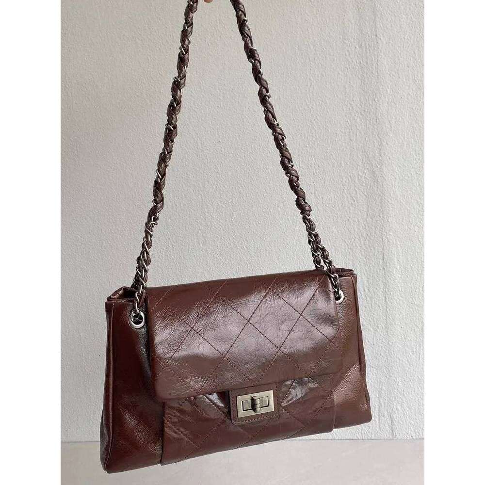 Vintage Women Oil Wax Cowhide Real Leather Office Ladies Classic Shoulder Chains Hasp Flap Bag Weave Strap Crossbody Bags