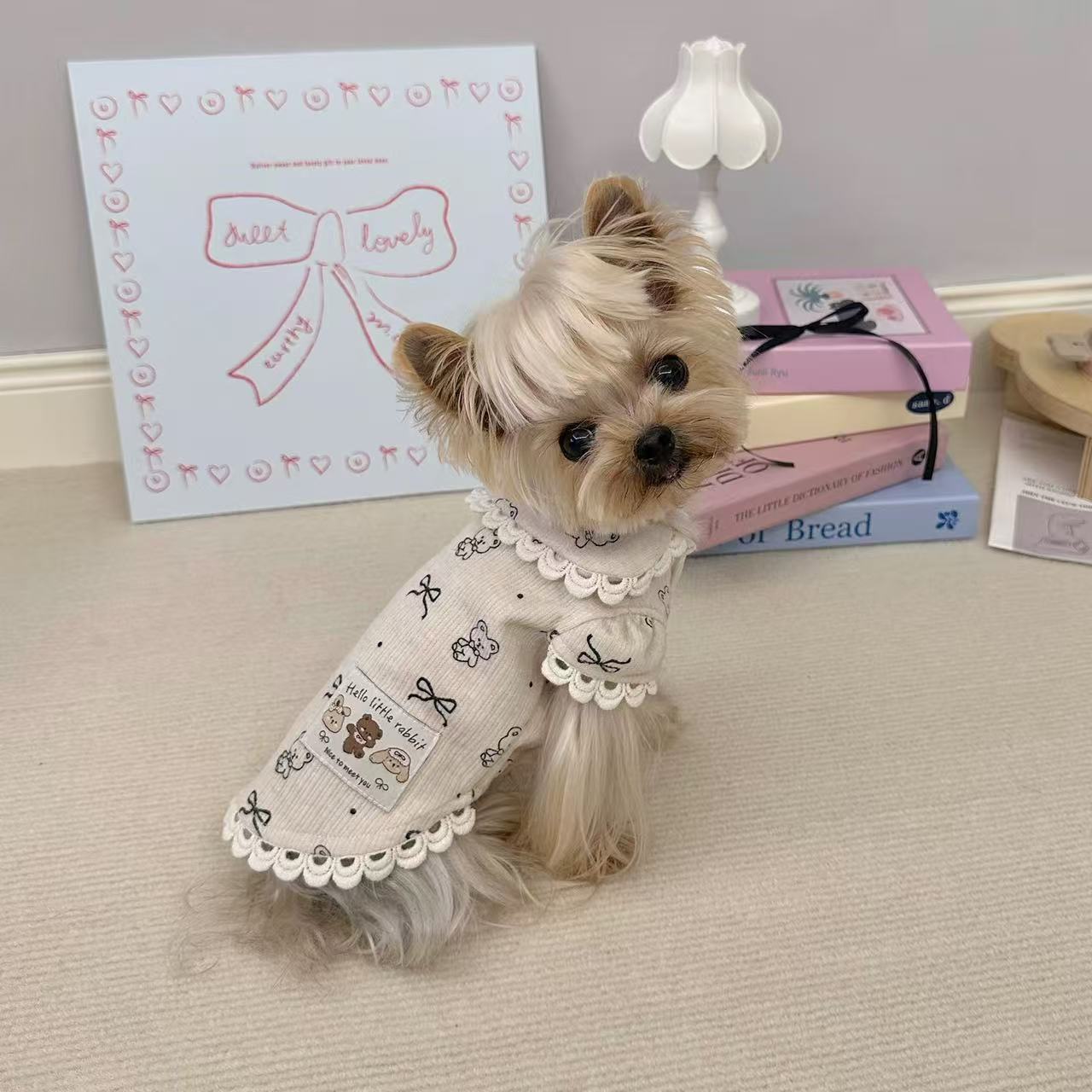 T424Pet Clothes Puff Sleeve Lace Print Shirt Yorkshire Terrier Small Dog Cat Clothes