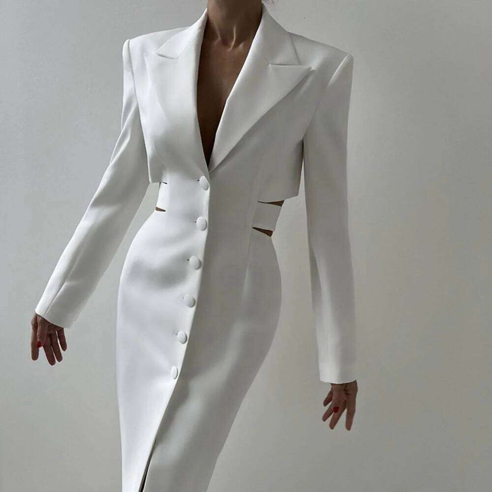 Street Hollow Out Tunic Dresses For Women Notched Collar Long Sleeve High Waist Spliced Button Temperament Dress Female