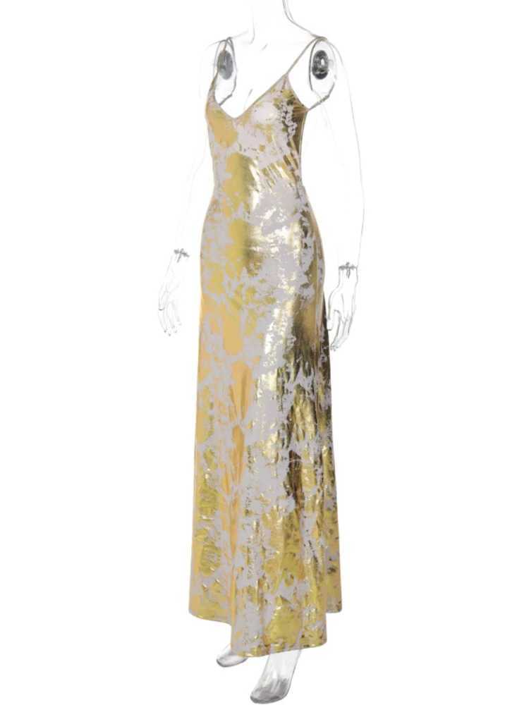 Sexy Spaghetti Strap V Neck Gold Stamping Bodycon Maxi Dress Women Backless Sleeveless Long Dress Evening Club Party VestidosXJ250610