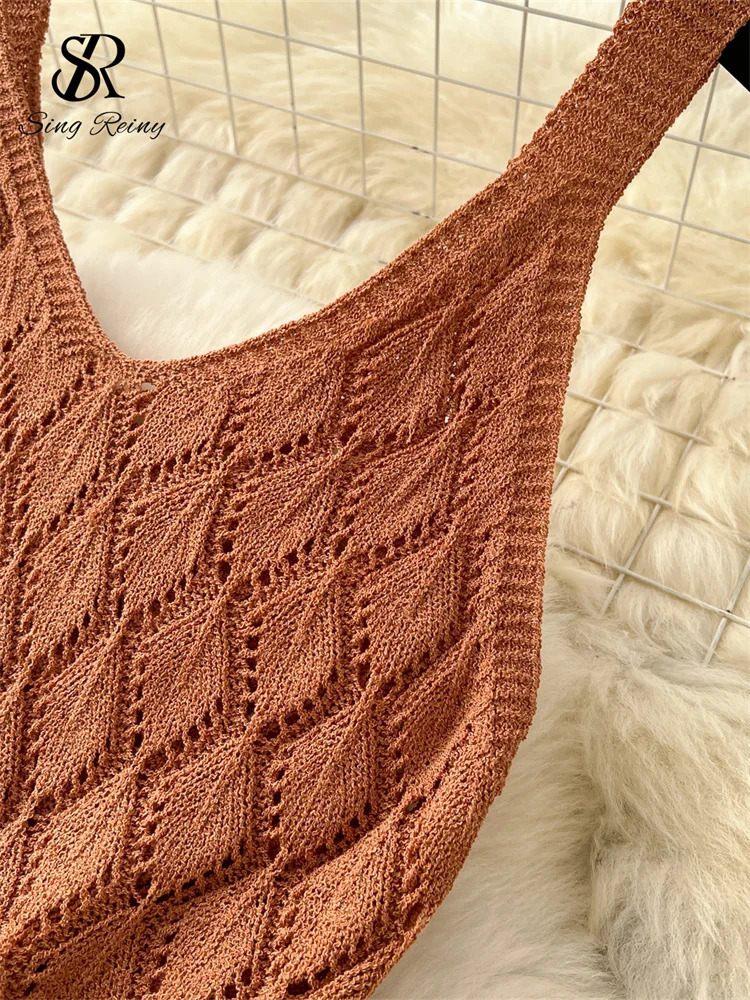 SINGREINY Summer Knitted Beach Suits Women Spaghetti Strap Crop TopsHigh Waist Slim Skirt Hollow Out Vacation Two Pieces Sets 250609