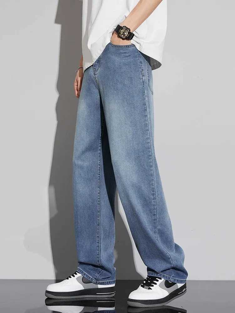 Mens Summer Ultra-Thin Lyocell Jeans 2025 Soft Loose Comfortable Wide-Leg Ice Silk Pants Retro Elastic Casual Trousers M250610