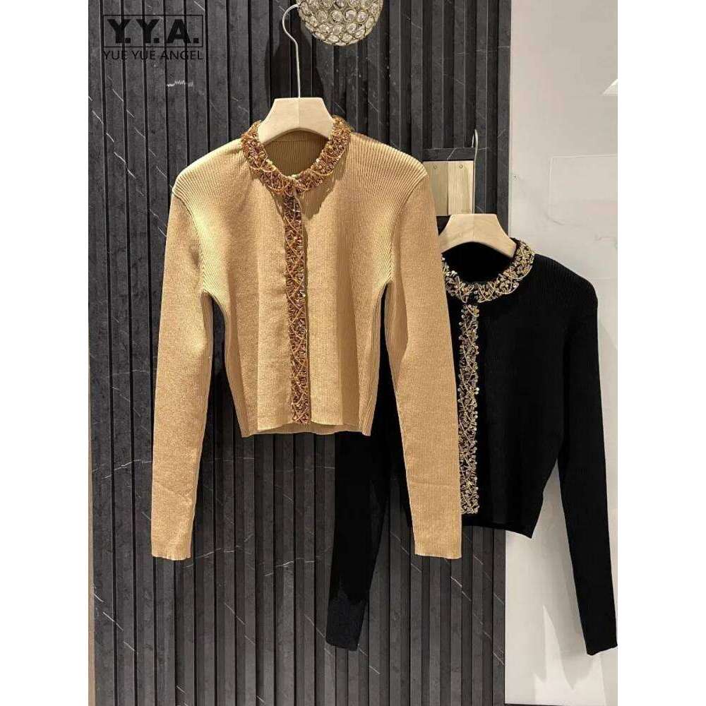 Autumn New Women Short Style Slim Fit Sequined Beading Knitted Jacket Sweater Cardigan Fashion Knitwear O Neck Long Sleeve Tops